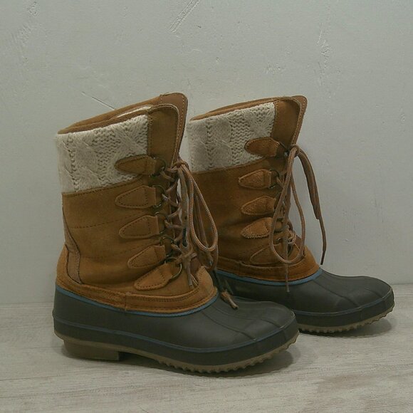 Khombu Cozy Top Sweater Knit Lined Tan Suede Waterproof Winter Snow Boots Size 7 - Picture 3 of 15